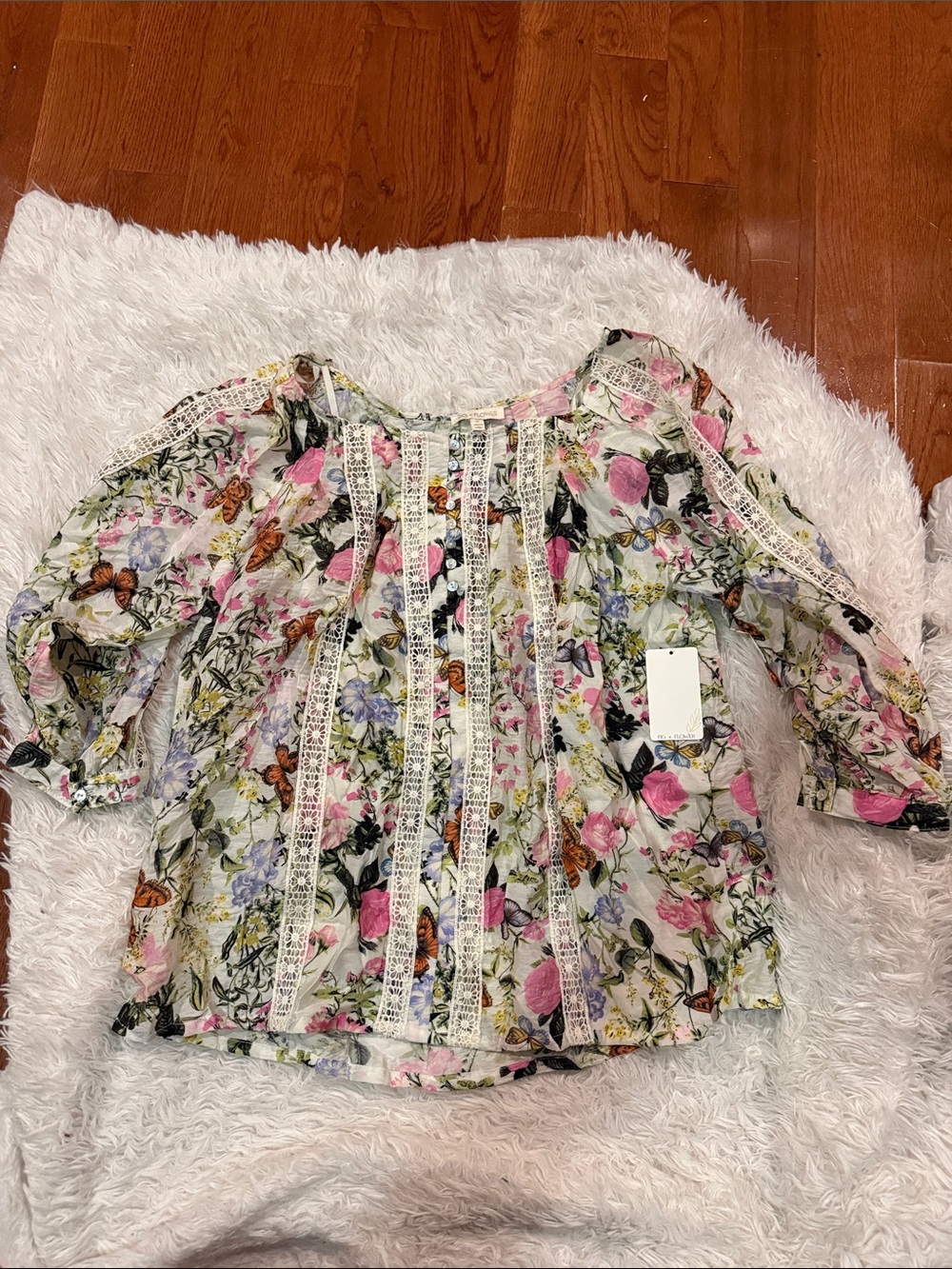 Floral Lace-Trim Blouse in Pink and Green 1X